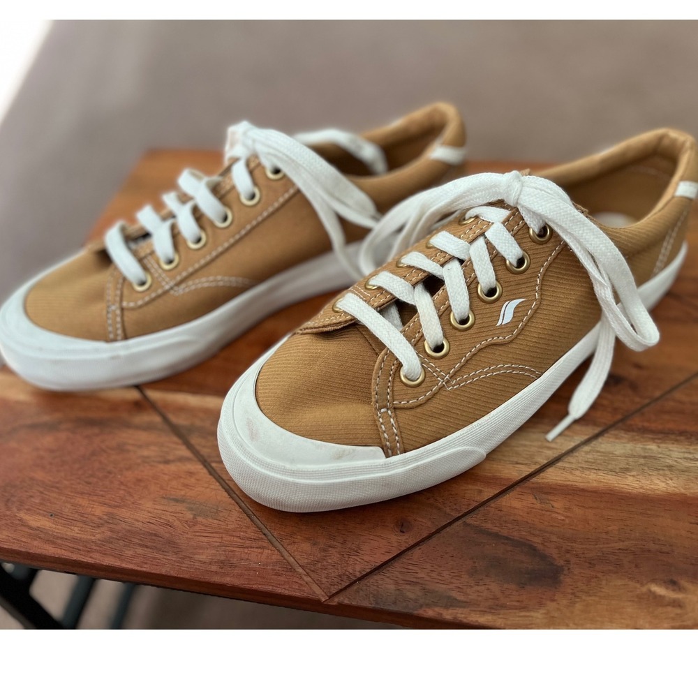 Keds Kids' Canvas Sneakers, Lace Up, Casual Shoes, Tan, White Trim Size 5.5